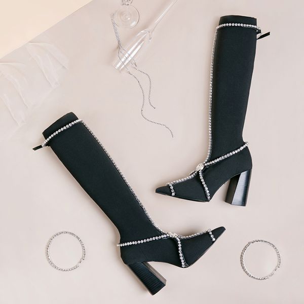 

stretch knee high slim women boots chunky heels shoes woman pointed toe crystal bota feminina knitting thigh high boots pumps, Black