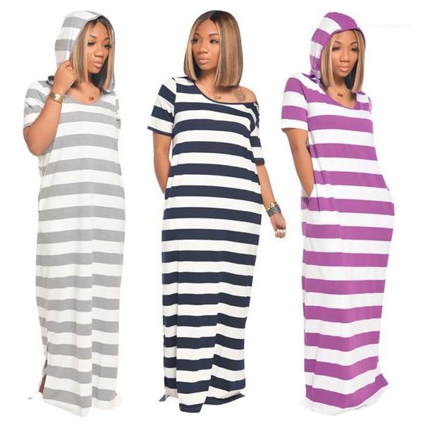 

hooded dress short sleeve o-neck casual long dresses famale summer loose clothes women striped, Black;gray