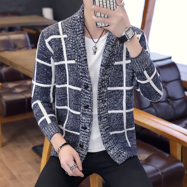 

men's sweaters thick warm plaid cardigan men 2021 winter casual sweater knitted fashion v-neck sweatercoat masculino, White;black