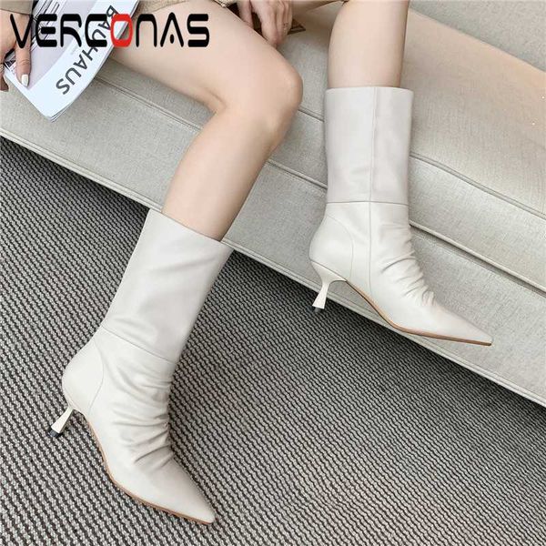 

verconas fashion concise women mid-calf boots autunm winter genuine leather pleated shoes woman thin heels pointed toe boots new, Black