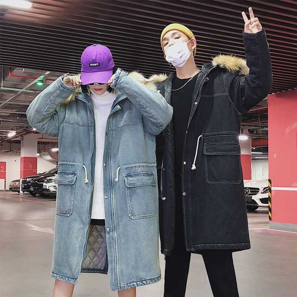 

2020 autumn new korean men's tooling trend solid color large fur collar couple thick loose casual denim fashion coat, Black
