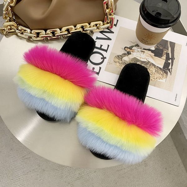 

winter fluffy fur slipper women fur slide mixed fuzzy flat indoor slippers lady flip flop plush shoe, Black