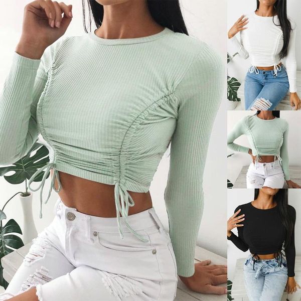 

long sleeve ruched slim women crop fashion 2020 spring streetwear 2020 new o-neck drawstring solid female short t-shirt, White