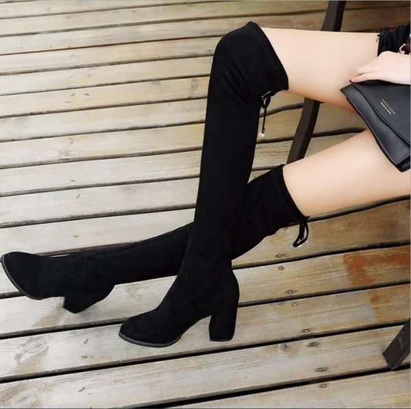 

boots cy310 suede women over the knee lace up high heels autumn winter botas altas mujer sobre rodilla, Black