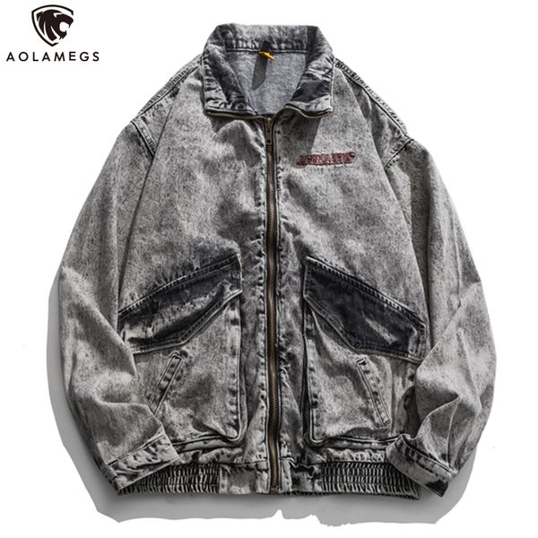 

aolamegs men's denim jackets casual printed retro coat harajuku loose windbreaker cargo outwear high street streetwear autumn, Black;brown
