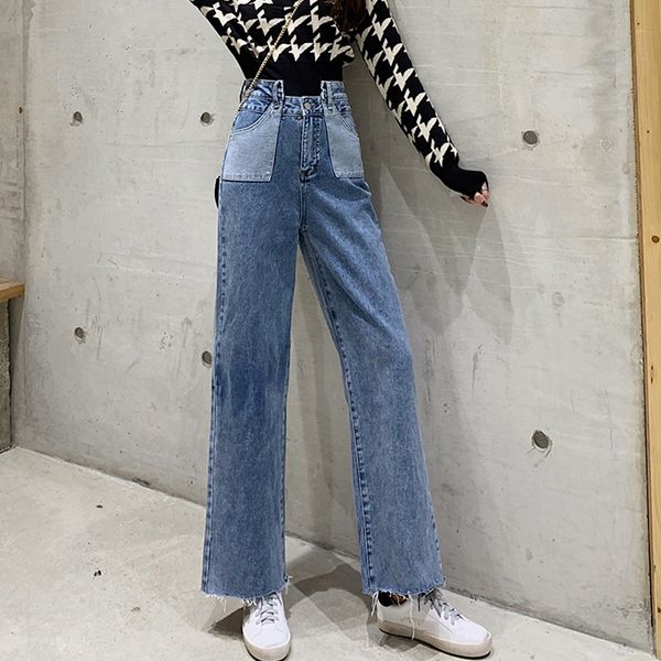 

irregular contrast korean high waisted wide leg jeans for women long baggy boyfriend jeans woman casual wide and straight, Blue
