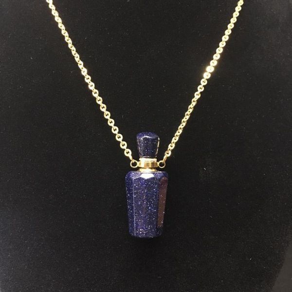

starry sky black blue sand stone perfume bottle necklace natural gems essential oil diffuser pendant women connector jewelry, Silver