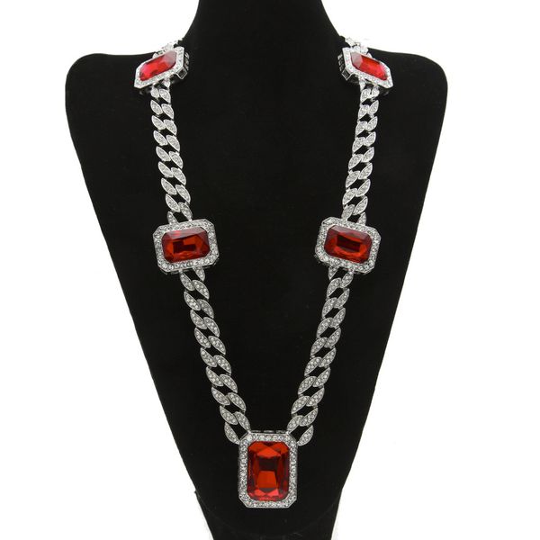 

men hip hop rock jewelry gold silve plated 5pcs square red crystal 30" full rhinestone miami cuban link necklace, Silver