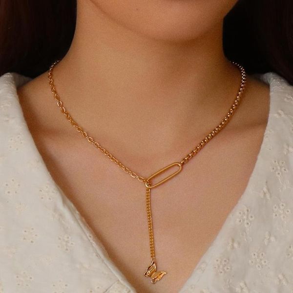 

trend butterfly charm necklace adjustable gold box chain statement paperclip neckalce chocker exquisite jewelry for women girls, Silver