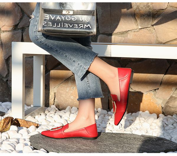 

metal buckle flats slip on loafers leather belt single moccasins multicolor women bonded leather summer pointed toe casual solid, Black