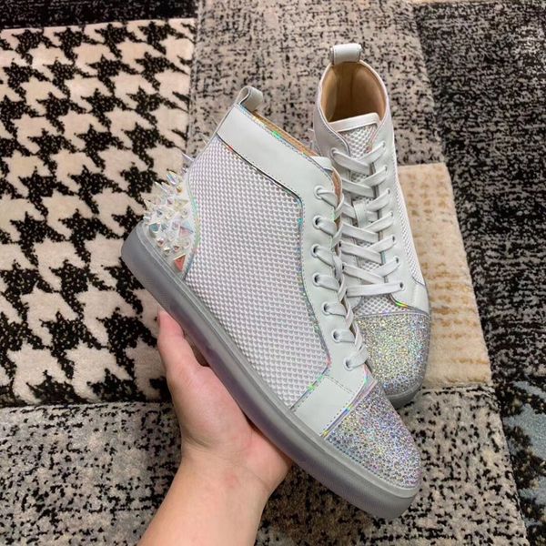 

spikes & strass men red bottom sneaker white mesh leather casual shoes ,party,wedding outdoor trainers eu35-47, Black
