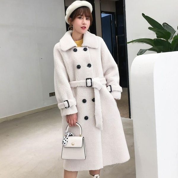 

korea women winter warm faux fur jackets pockets turn down collar natural sheepskin long woolen coats plush thick t191108