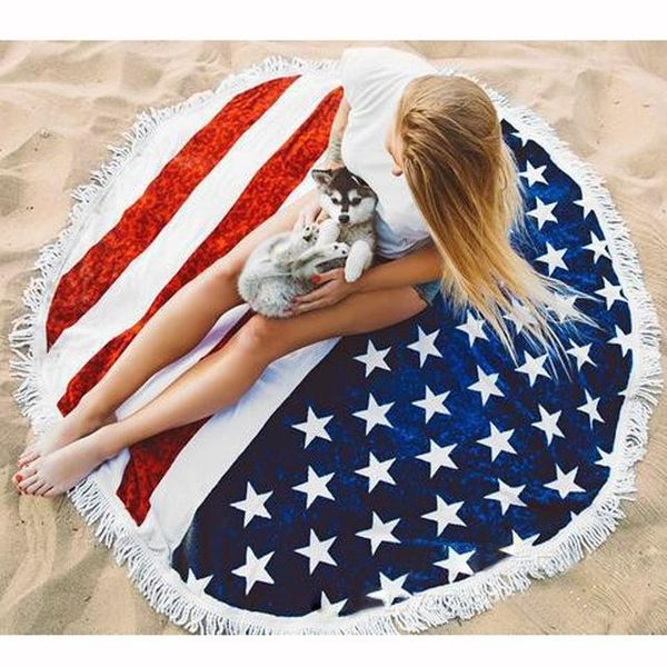 

wholesale-us flag pattern round beach towel with tassel fringe 150cm wall hanging beach towel throw yoga mat