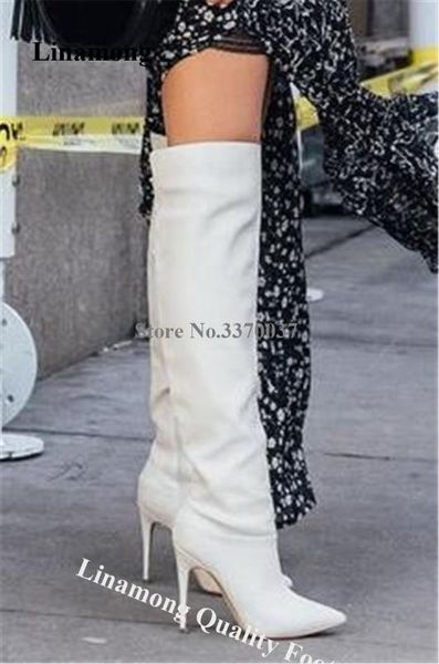 

women elegant fashion pointed toe white leather knee high stiletto heel boots side zipper-up slim long high heel boots shoes, Black