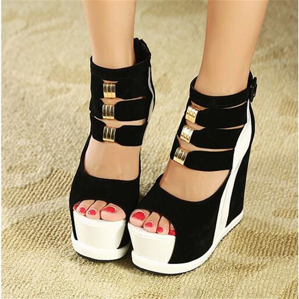 

woman shoes 2020 summer genuine women platform thick soles sandals wedges high heel 14cm peep toe mixed colors shoes, Black