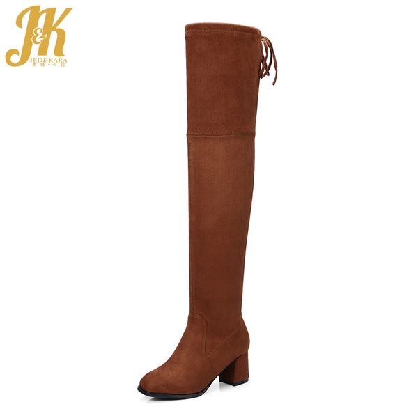 

jk thick high heels flock woman boot stretch lady long over the knee boot fashion female shoes autumn women big size 34-43, Black