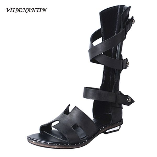 

hollow out gladiator women boots sandal open toe low heel buckle straps fashionable chic sandalias sapatos mujuer, Black