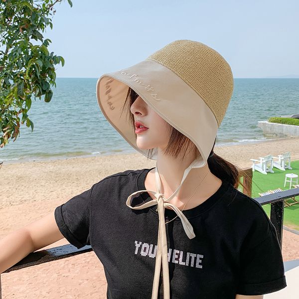 

sun hat women new raffia beach hat wide brim straw japan female dress sun block bucket letter floppy tie holiday, Blue;gray