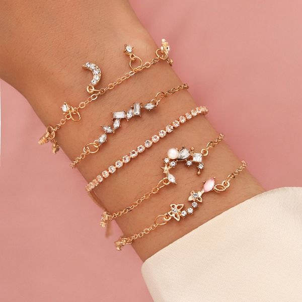 

5 pcs/set women fashion gold color crystal moon star butterfly bracelet set sweet bracelets for women jewelry gifts, Black