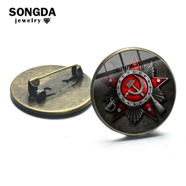 

songda cccp ussr soviet army red star brooches bronze plated glass art round metal pins button russian badges decorative jewelry, Gray
