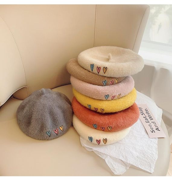 

fashion kids wool winter warm fuzzy mink hair baret hats cute heart embroidery beret hat for girls painter cap french cap gorras, Blue;gray