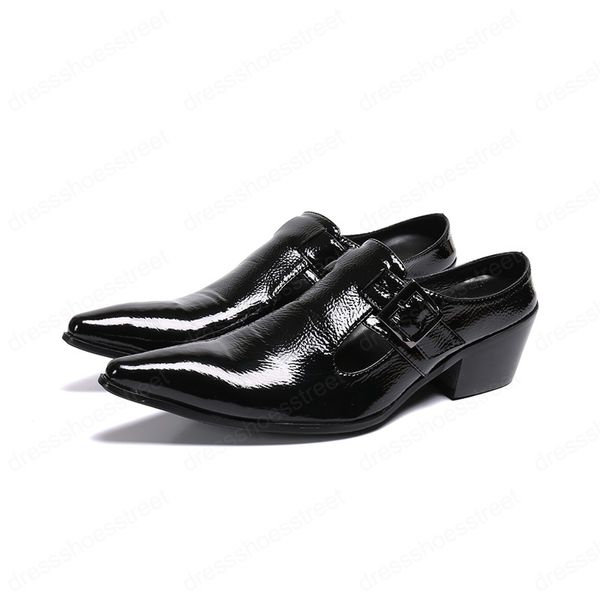 Moda Pointed Toe Buckle Masculino Preto salto alto sapatos de couro dos homens do partido do negócio Tamanho Grande Evening Dress Shoes
