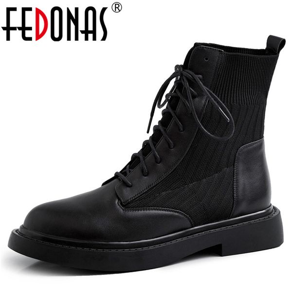 

fedonas 2020 genuine leather women cross tied side zipper ankle boots party casual shoes woman autumn winter warm boots, Black