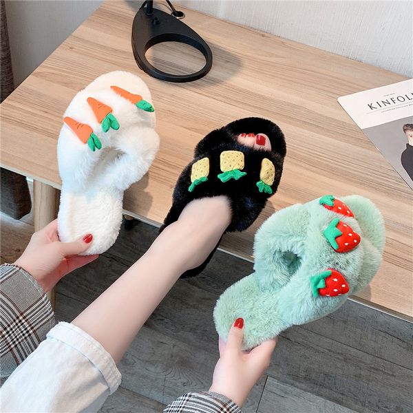 

flock home slippers women's fur shoes slides low fashion pantofle fringe winter footwear massage plush soft flat luxury 2020, Black