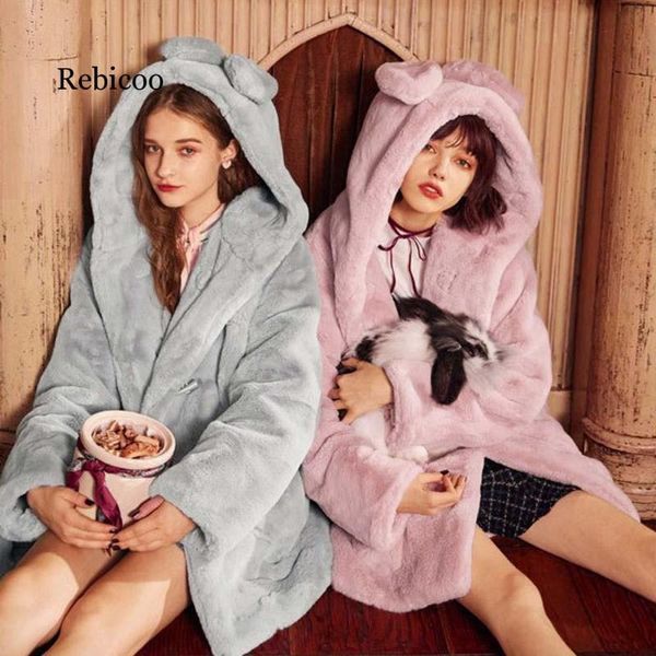 

2020 women's autumn and winter faux fur coat european horn buckle plush jacket casual hooded ears female fur coat, Black