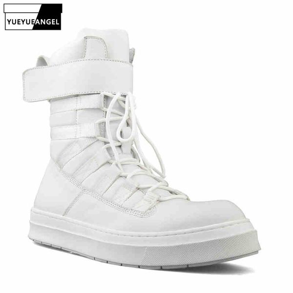 

high street high-shoes men lace-up genuine leather platform sneakers luxury black hip hop shoes autumn army ankle boots