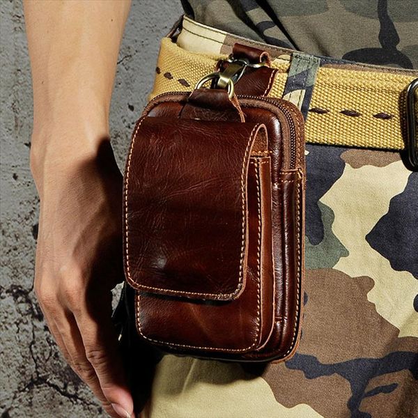 

men genuine leather fanny pack cell phone cigarette key case coin purse pouch hip bum belt crazy horse cowhide hook waist bag