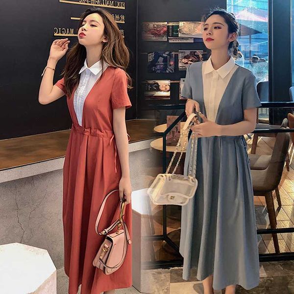 

2020 summer maternity dresses turn-down collar button drawstring high waist pregnant women dress preppy style cotton dress, White
