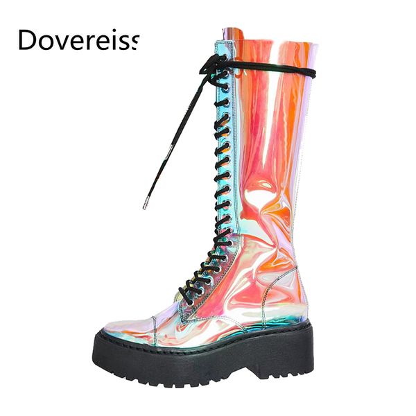 

dovereiss fashion female boots summer new elegant round toe cross tied pvc zipper block heels knee high boots 33-42, Black