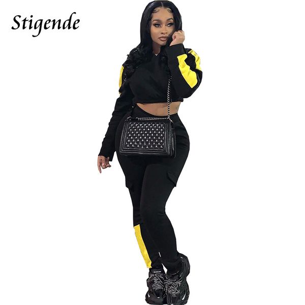 

stigende women sweatshirts sweatpants two piece fitness set spring autumn tracksuit patchwork long sleeve crop hoodies and pants, Gray