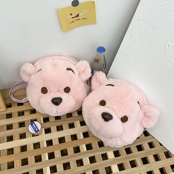 

women cartoon plush bag girl simple cute funny bear head messenger bag luxury 2020 ins pink girl plush shoulder #20
