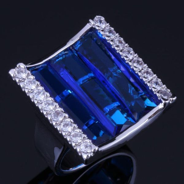 

glamorous rectangle blue cubic zirconia white cz silver plated ring v1065, Golden;silver