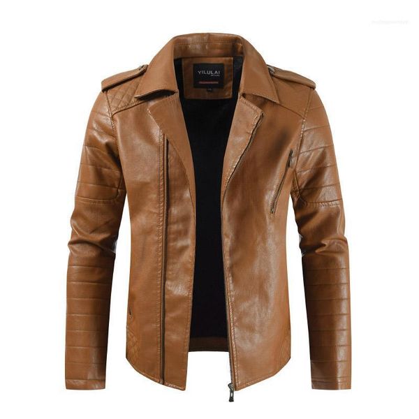 

neck zipper solid color homme clothing fashion designer pu jacket casual apparel mens autumn designer leather lapel, Black