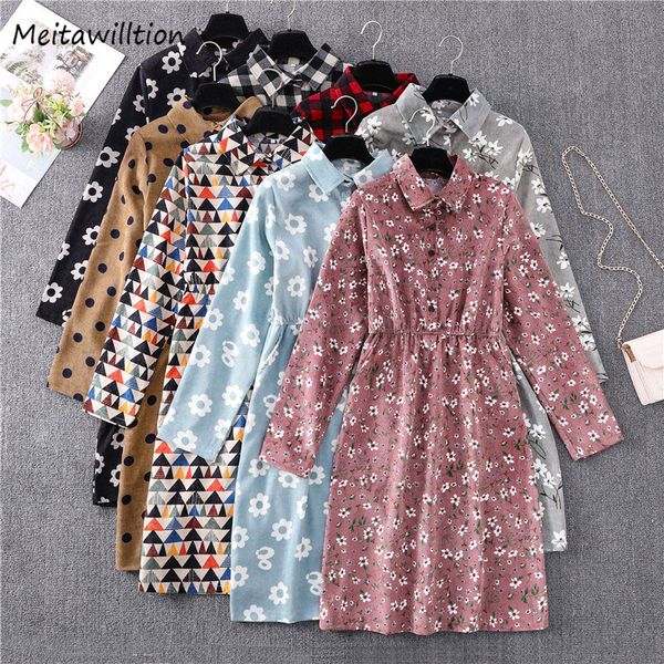 

autumn winter retro corduroy dress 2020 lady floral print polka dot a line dresses women long sleeve slim party dress, Black;gray