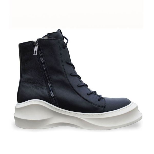 

personality mens boots british genuine leather motorcycle casual shoes lace up zapatos new thick platform winter footwear, Black