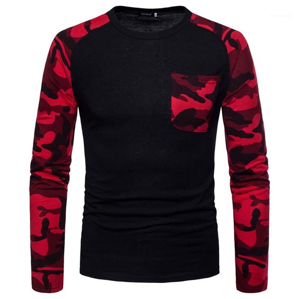 

slim pocket panelled crew neck mens long sleeve tees casual males clothing camouflage print mens designer tshirts fashion, White;black