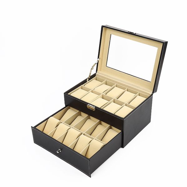 

gorgeous watch gift box 20 grids leather large storage display tidy and clean black cases 165*285*200, Black;blue