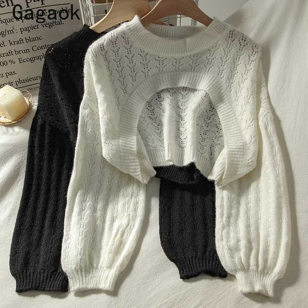 

gagaok women fashion streetwear knitted thin sweater 2020 spring autumn new solid o-neck navel loose harajuku wild pullover, White;black