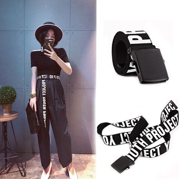 

punk women canvas belt letter printed alloy smooth buckle long cloth waist strap women men black waistband for jeans trouser, Black;brown
