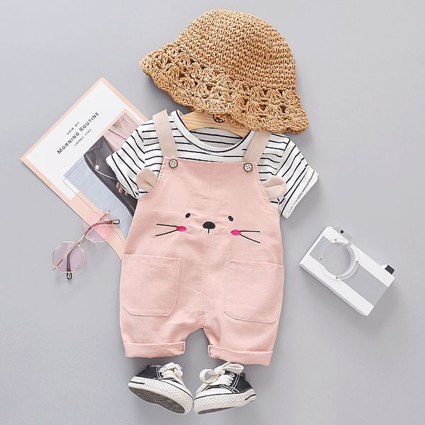 

summer fashion baby girls clothing sets infant clothes suits stripe t shirt strap shorts kids casual wear children cloth set, White