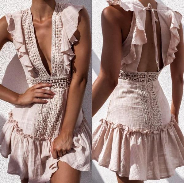 

fashion elegant vintage waist hollow out dresses women deep v-neck sleeveless peplum ruffle dress 19ss, Black;gray