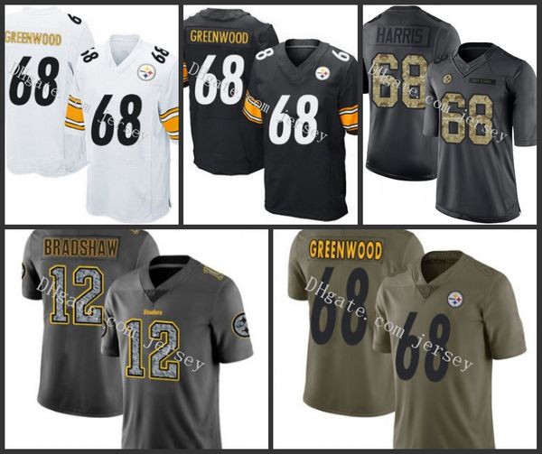 

pittsburgh steelers white 12 terry bradshaw 68 l.c. greenwood olive gold camostitched nfl salute to service jersey, Black;red