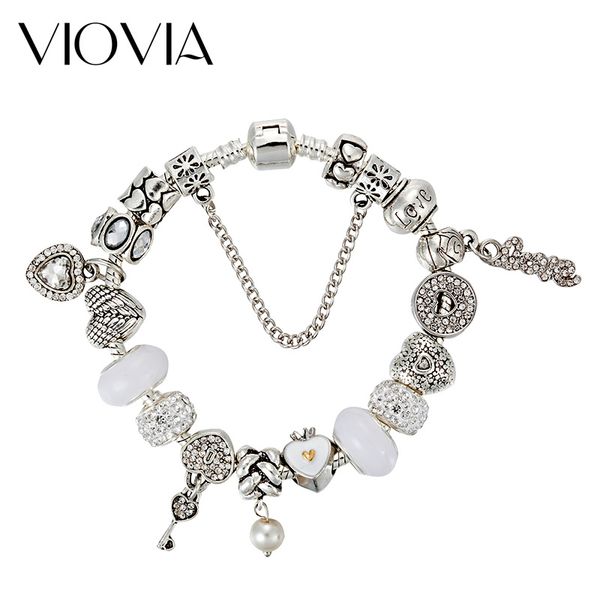 

viovia white crystal heart charm bracelets & bangles for women silver color bracelet femme wedding diy jewelry b17027, Red;blue