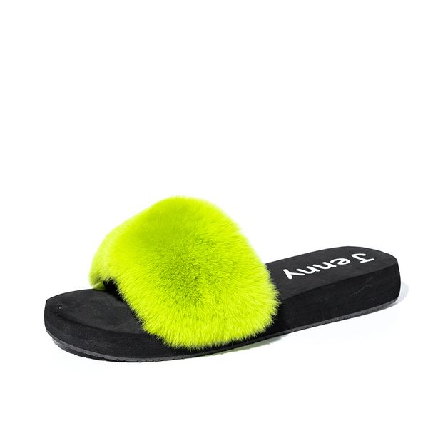 

2020 winter fur slippers women real fur slides furry flat sandals female casual cute fluffy shoes, Black
