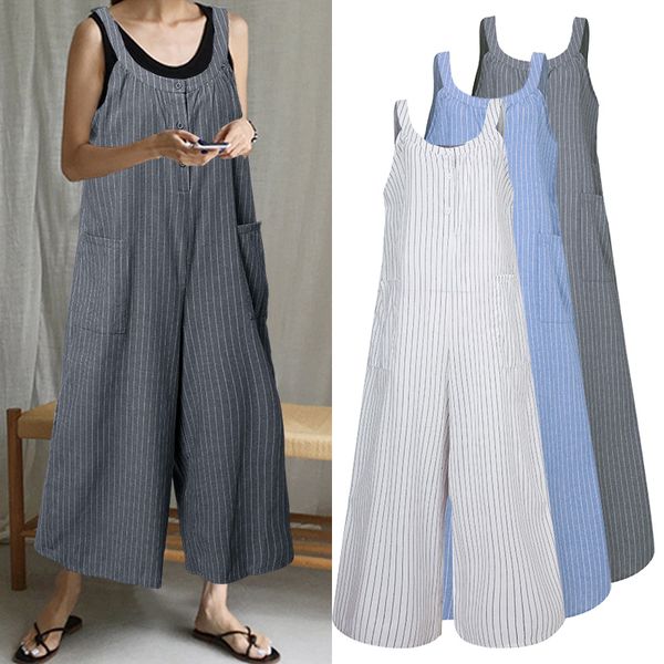 

5xl vintage linen jumpsuits celmia 2020 fashion women striped wide leg pants sleeveless casual loose work plus size rompers, Black;white
