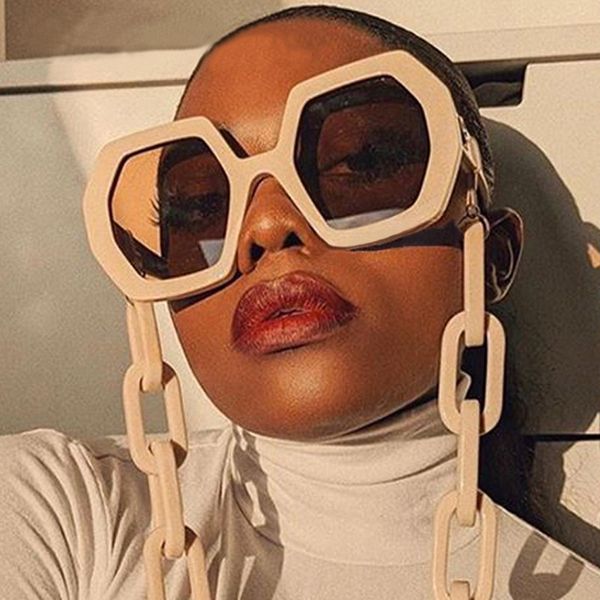

sunglasses chic vintage polygon chain women 2021 fashion oversized hexagon sun glasses female punk eyewear men shades s309, White;black